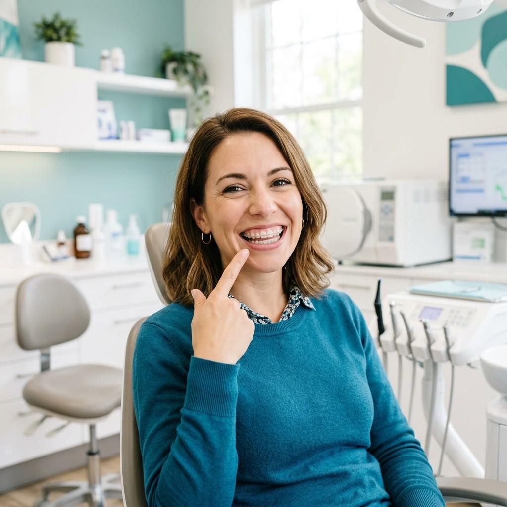 Happy adult woman with clear braces smiling in a modern clinic