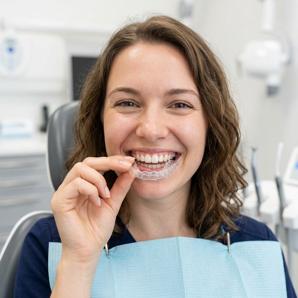 Clear Invisalign aligner splint being placed on teeth