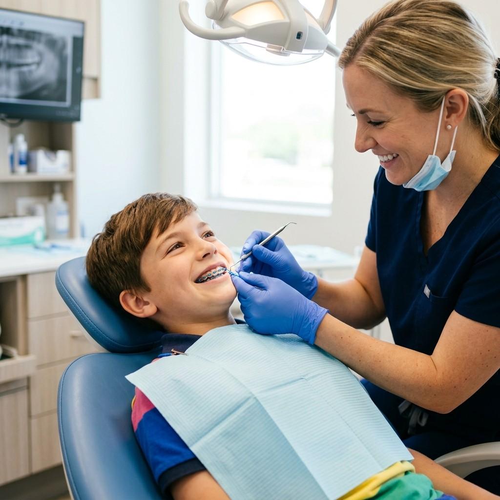 Young boy smiling on a dental chair receiving professional braces adjustment