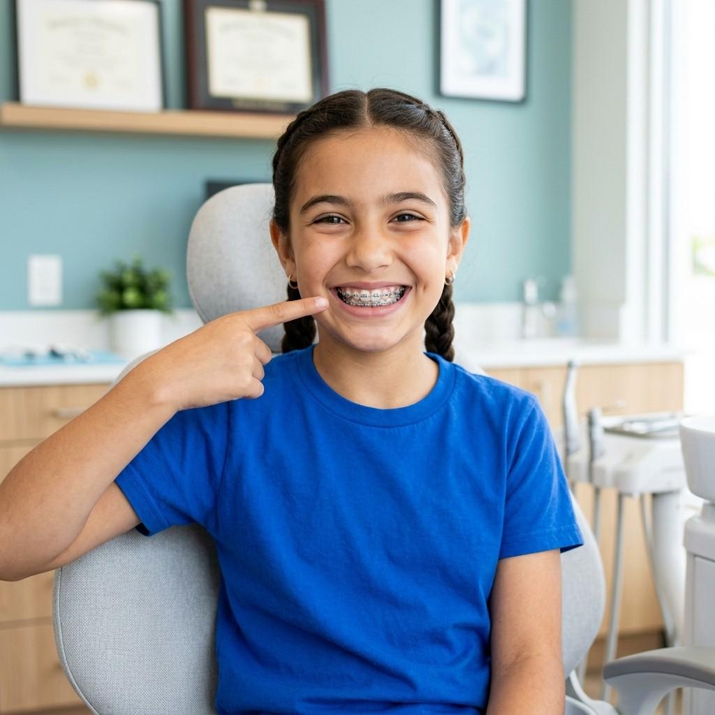 Happy young girl pointing to her clean teeth and smiling in a dental office