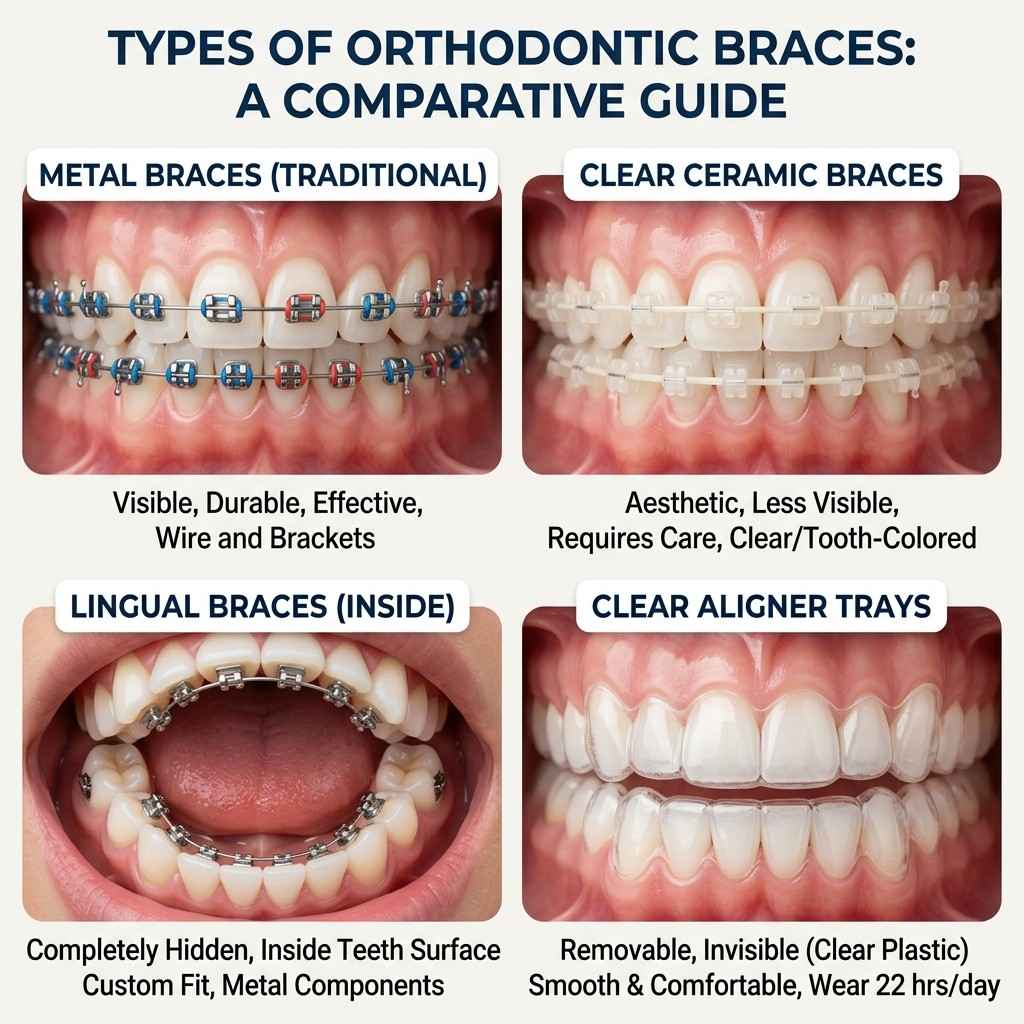 Educational guide showing different types of braces options: metal, ceramic, lingual, aligners