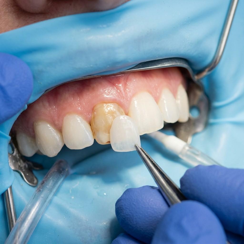 Clinical comparison showing restoration treatment of discolored teeth with custom porcelain veneers
