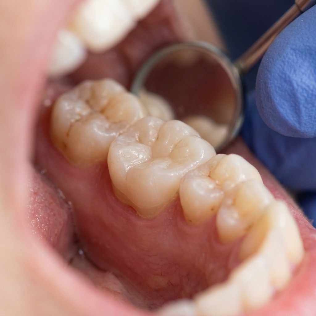 Clinical close-up of tooth-colored composite resin filling perfectly matching natural tooth enamel on molar
