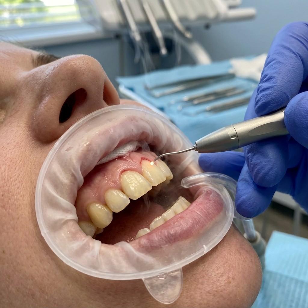 Clinical close-up showing laser cosmetic gum reshaping procedure