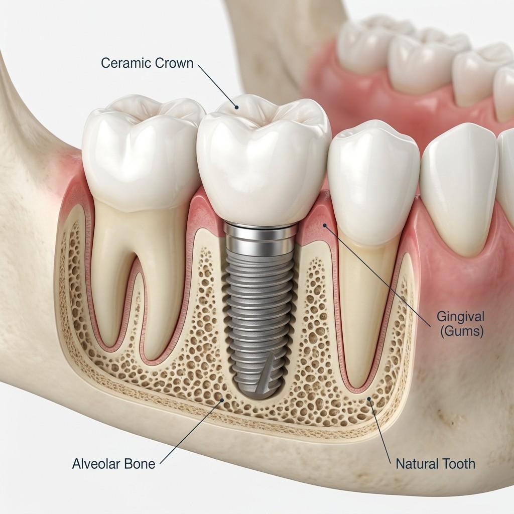 Clinical detailed illustration of a dental implant anchored in jaw bone with custom white ceramic crown