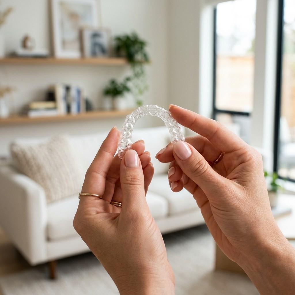 Hands holding transparent Infialign clear plastic dental aligner tray