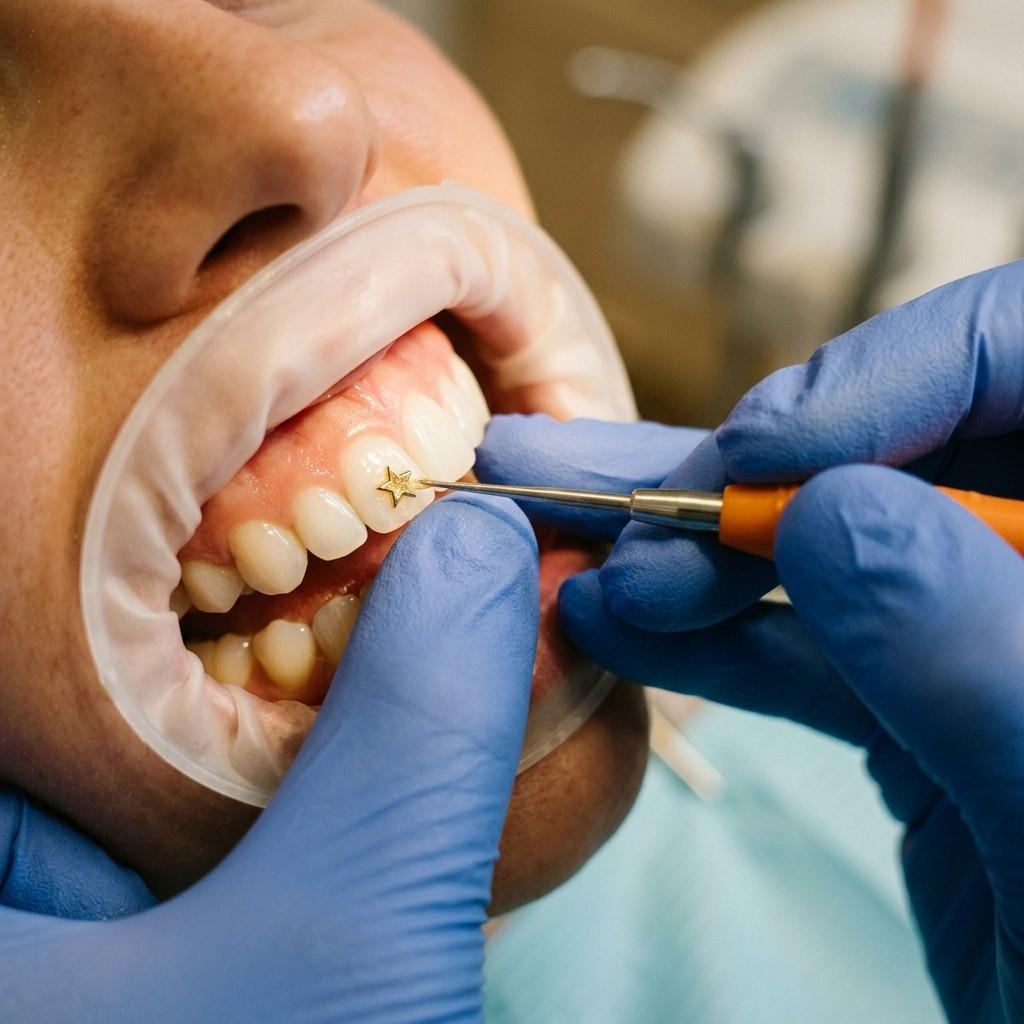 Applying certified crystal tooth jewelry to upper incisor