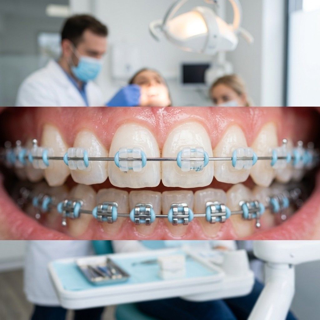 Clinical close-up shot representing dental malocclusion and misaligned teeth open bite