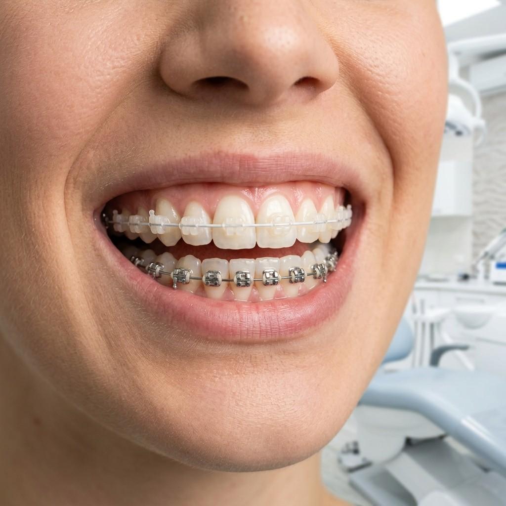 Close-up of smile with ceramic clear braces on the top teeth and metal braces on the bottom teeth